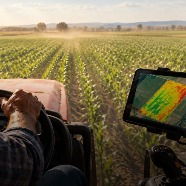 Farmer operating agricultural machinery with a yield map displayed on a monitor showing variations in crop performance