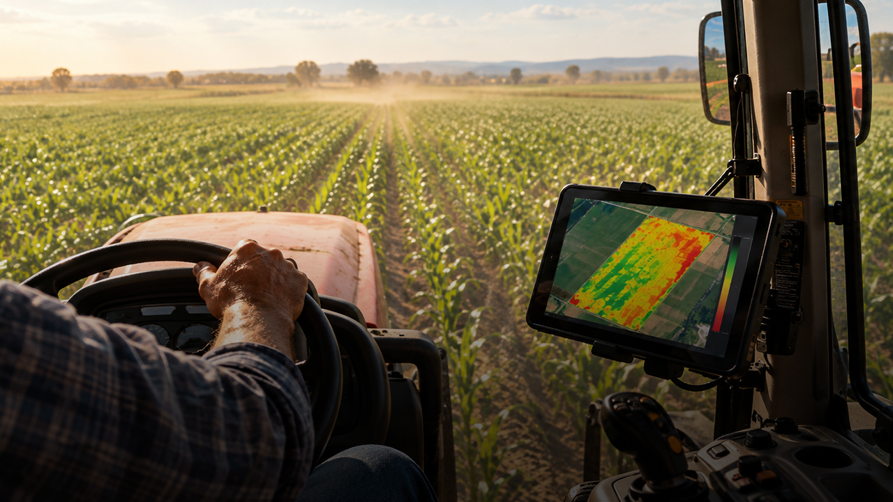 Farmer operating agricultural machinery with a yield map displayed on a monitor showing variations in crop performance